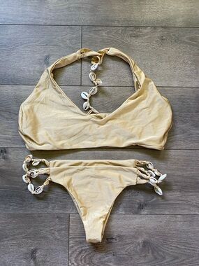 Gold Shell-Accent Halter Bikini Top & Bottom Set - Women Swim